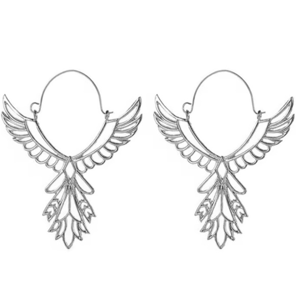 “Thunderbird” Phoenix Silver Guardian Angel Festival Native American Wing Hoops - Picture 2 of 11